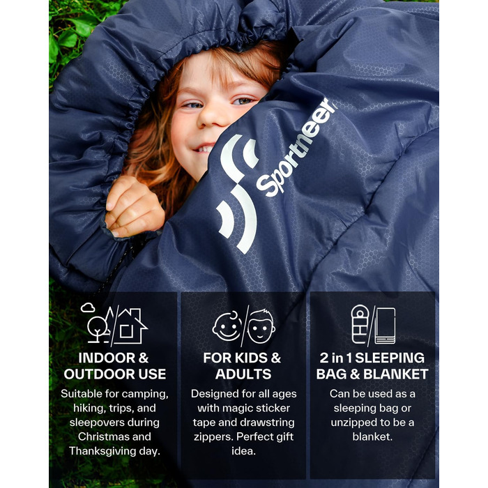 Сплячий мішок Outdoor Sportneer для дорослих та дітей - легкий спальник для кемпінгу, походів та рюкзакових подорожей (220x85 см, темно-синій)