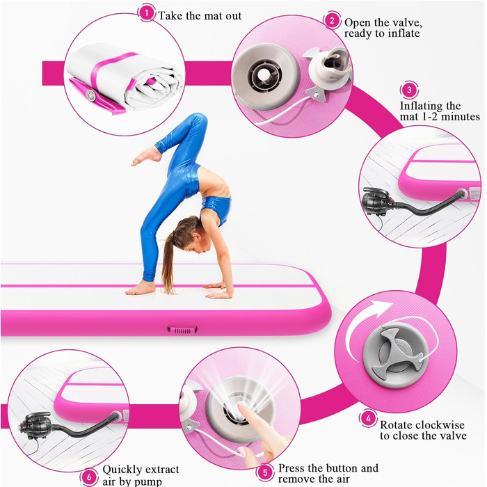 Гімнастична мат Air Matte Track 3M/4M/5M/6M, килимок для акробатики та гімнастики 10/20см заввишки з повним аксесуаром, надувний килимок для дому та вулиці, йога, м'ятно-зелений/чорний (Рожевий Air Mat, 300*100*20см)