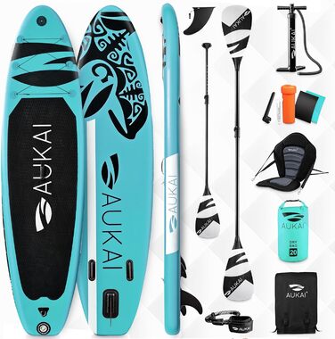 Надувний SUP Board AUKAI PRO 320см | 2-в-1 з каяком (сидіння в комплекті) | 5 років гарантія | Комплект: сидіння, кріплення для Action-Cam, фіксатор для ноги, насос, рюкзак | Колір: Ocean-Türkis