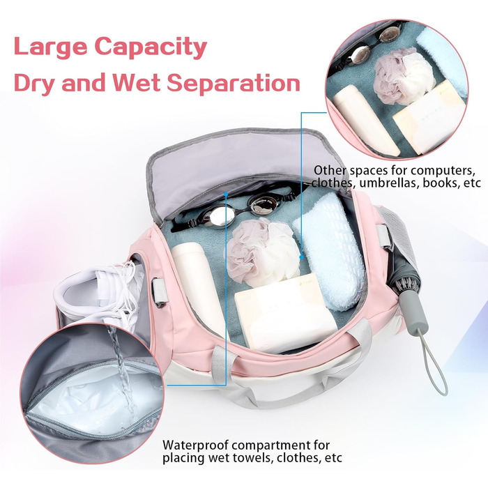 Спортивна сумка-рюкзак для подорожей: велика, водонепроникна, з відділенням для взуття та мокрих речей, для жінок та чоловіків (білий+рожевий)