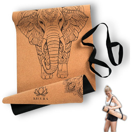 Кікура Йога-мат з корку та натурального каучуку з мотивом слона – Нековзна преміум-мат, 4 мм, з ремінком – Екологічна, 3 розміри (M, L, XL), XL - 200x68x0,4 см