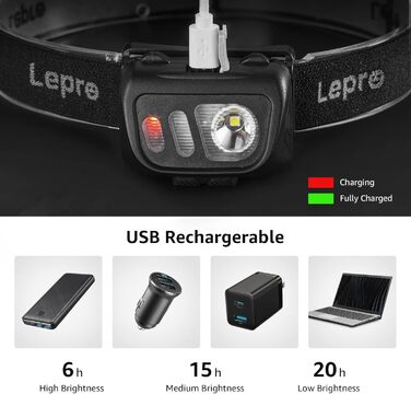 LED налобний ліхтар Lepro з USB-зарядкою, 800L, з датчиком жестів та червоним світлом, 5 режимів, водонепроникний, для бігу, риболовлі, кемпінгу (2 шт.)