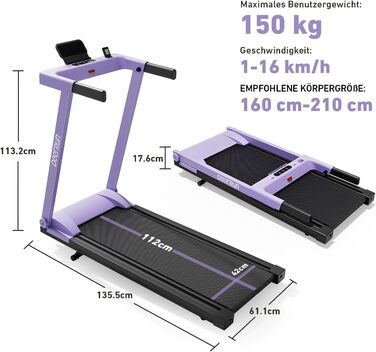 Біговий тренажер DeerRun з підтримкою High-Tech пристроїв, 158 кг, APP-керування, 2573W, складний, з курсами та мультиплеєр, фіолетовий