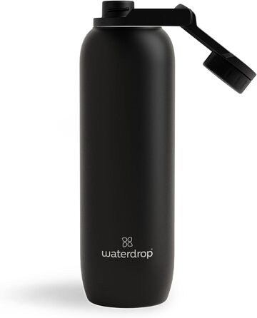 Термос-пляшка waterdrop® 1 л, ізольована, нержавіюча сталь, 24 год холоду, 12 год тепла, герметична, ударостійка, чорний матовий, з кришкою Swing