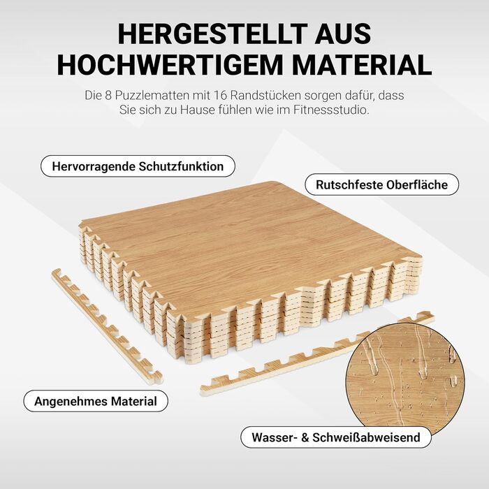 Набір захисних пазл-матів для підлоги MSPORTS Premium (8 шт, 3.2 м²) — протиковзаючий килимок для йоги, фітнесу та тренувань у домашньому залі, дизайн під світле дерево