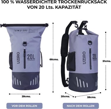 Водонепроникний рюкзак UZIRO 20L, Dry Bag, сірий