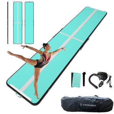 Гимнастичний надувний мат Airtrack CASSILANDO для тамблінгу та йоги, 500x100x10 см, м'ятно-чорний (з помпою)