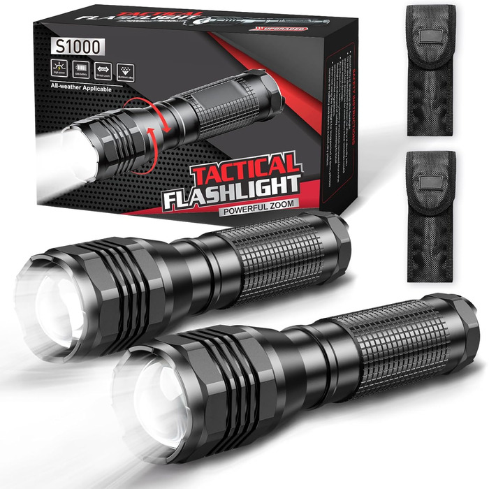 LED ліхтарик Gearlite 4000 Lumen: 2 шт. в комплекті, водонепроникний, з зумом, для кемпінгу, туризму, екстрених ситуацій, з чохлом (3 режими)