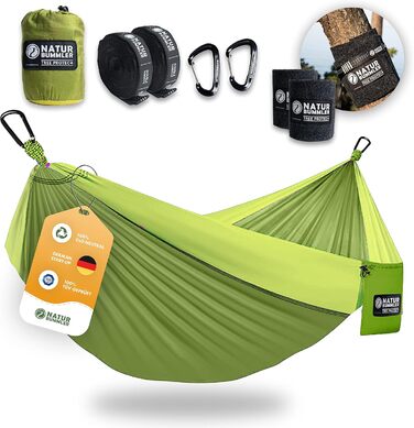 Гамак NATURBUMMLER® Outdoor з захистом для дерев [Tree Protec+] – 300x170 см, для 1-2 осіб – ультралегкий та вологостійкий – двошаровий гамак для кемпінгу, саду та відпочинку на природі (природний зелений колір)
