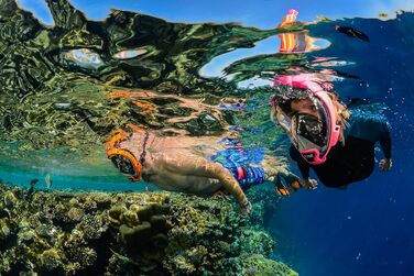 Маска для снорклінгу OCEAN REEF Aria QR з трубкою - повна маска, рожевий колір (S/M)