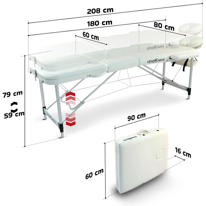 Масажний стіл VENDOMNIA з алюмінієвим каркасом, 3 зони, регулювання висоти, з високоякісною підголівником, сумкою, підлокітниками, білий, складний