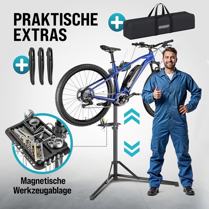 Підставка для збирання велосипедів Monzana® Profi: сталева, складна, регульована по висоті, 50 кг, для E-bike, з органайзером для інструментів та мішком для багажу