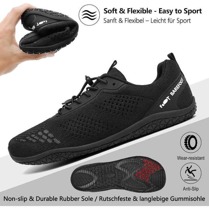 Босижні кросівки Geweo для жінок та чоловіків: зручні, широка передня частина, легкі, для фітнесу, кросфіту, силових тренувань, без підйому, трекінгові, унісекс, розміри 37-47 EU (чорний, 41 EU широкі)