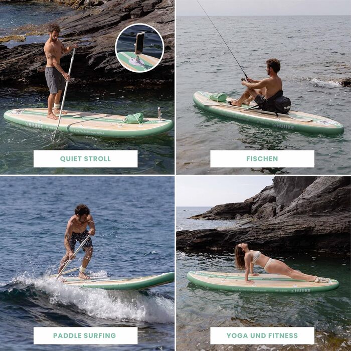 Надувний SUP-борд HUIIKE Stand Up Paddle Board з аксесуарами: весло, фіни, насос. Стабільний та міцний, 305 × 84 × 15 см, до 130 кг (Paulownia Mint - Full Pack)