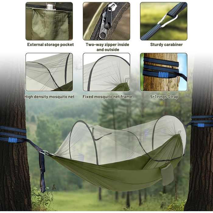 Гамак Ultraleicht Outdoor з москітною сіткою, для кемпінгу та подорожей, 300 кг, дихаючий, швидковисихаючий
