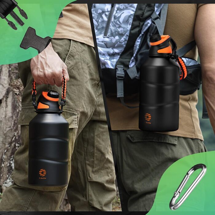 Термос-термобутилка Fjbottle з нержавіючої сталі 1900 мл з магнітною кришкою, BPA Free, подвійні стінки, для газованої води, спорт, фітнес, туризм, чорна з оранжевим