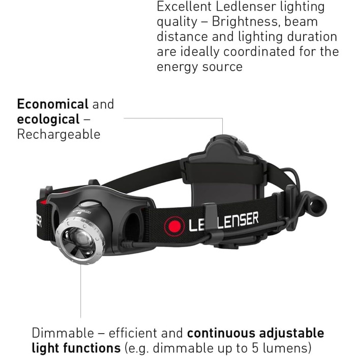 Ліхтар налобний LED Ledlenser H7R.2, акумуляторний, 600 люмен, фокусований, до 120 годин роботи, червоне заднє світло, поворотний, USB-кабель