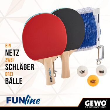 Набір для настільного тенісу GEWO Fun: одиночні або повні комплекти з 1-4 ракетками, м'ячами, сумкою та сіткою. Підходить для початківців, хобі та відпочинку. Покриття Noppen-Innen, ергономічна ручка. Комплектація: 4 ракетки + 10 м'ячів + сумка (2 ракетки