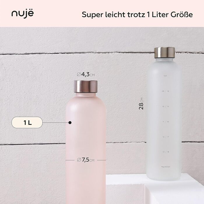Спортивна пляшка для води nujë 1 л, підходить для газованої води, з часовою міткою, герметична, BPA-free, для спорту, фітнесу, туризму, рожевого кольору, у подарунковій упаковці