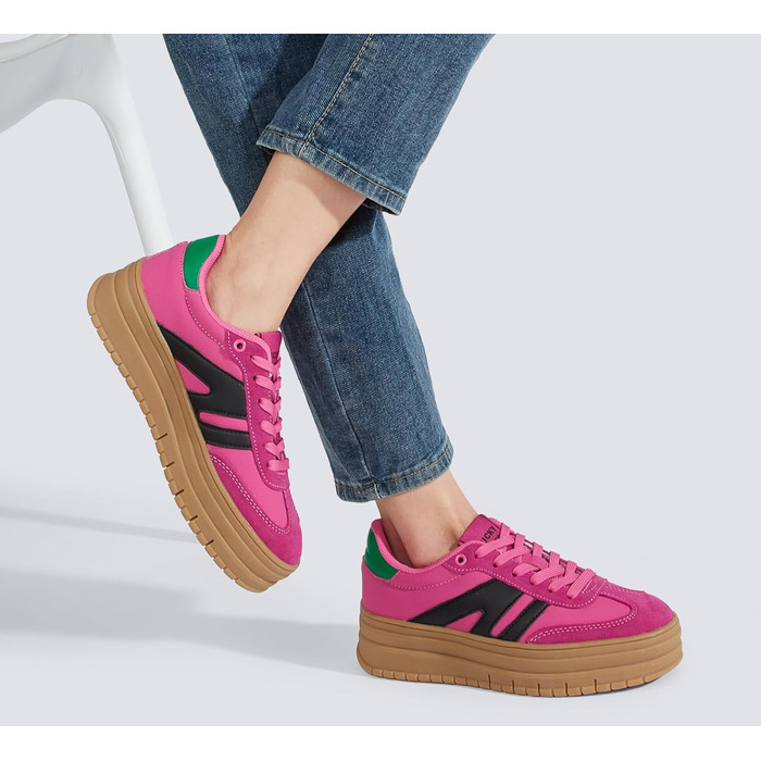 Кросівки LUCKY STEP Plateau Sneaker для жінок - платформа, канвас, ретро стиль, низький профіль, комфортні для повсякденного носіння, бежево-зелені (36 EU, фуксія, чорний)