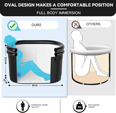 CalmMax XL 478L Овальна Ейсбад з Надувним Підголовником та Кришкою - Складна Ванна для Дорослих, 100 см, Ізольована Ейс-Тоне для Внутрішнього та Зовнішнього Використання, Кріотерапія для Спортсменів IB04