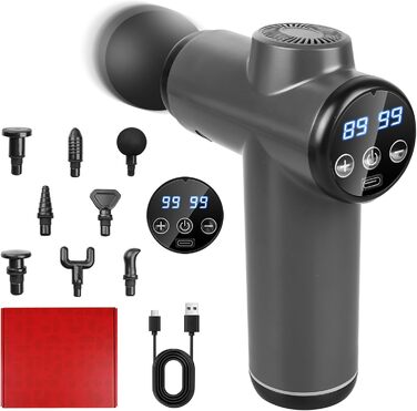 Масажер для м'язів з 99 швидкостями та 8 насадок, LCD-дисплеєм, USB-C зарядкою, для глибокого масажу та розслаблення м'язів (сірий)