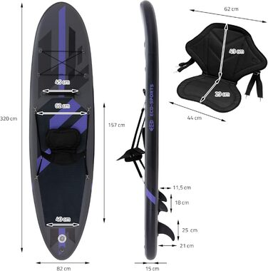 Надувна SUP-дошка ECD Germany 320x82x15 см з каяк-сидінням, комплект аксесуарів, чорна/блакитна/бірюзова/сіро-оранжева, ПВХ, алюмінієве весло, для серфінгу та веслування
