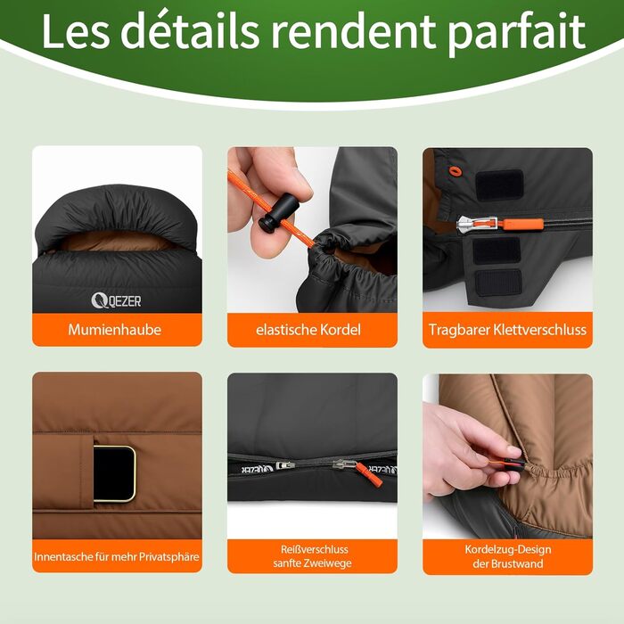 Спальний мішок XXL з пуху 3-4 сезони, 230x100 см, чорний. Підходить для дорослих, кемпінгу, походів та рюкзаків. Легкий та теплий