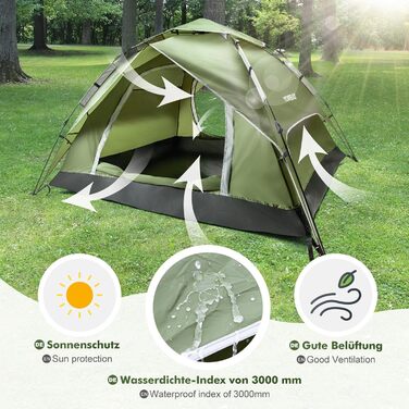 Намет Yorbay 2 в 1 Pop Up для кемпінгу, сімейний, водонепроникний, з UV-захистом, для відпочинку, трекінгу, фестивалів, зелений (L)