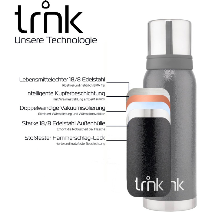 Термос trnk Arktis 2 із нержавіючої сталі 1200 мл, BPA-free, з двома чашками, зберігає тепло 32 години, для напоїв, підходить для посудомийки