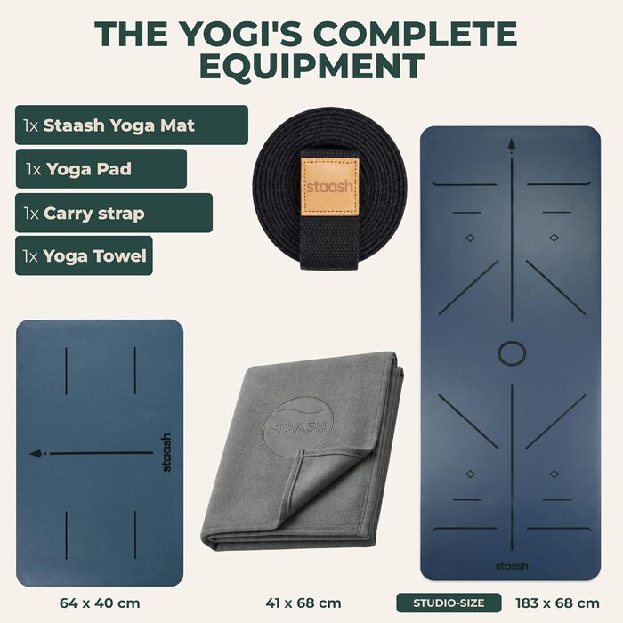 Преміум набір для йоги STAASH: килимок з PU та натурального каучуку (4,5 мм), рушник, ремінь та колінна подушка, протиковзкий, подовжений, колір Tiefsee Blau