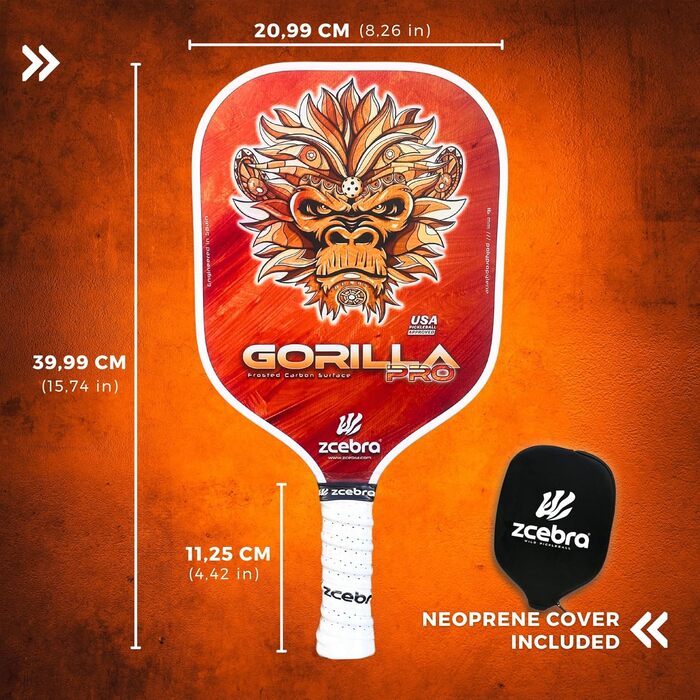 Піклбол ракетка ZCEBRA Gorilla Pro Orange, графіт-карбон, 16 мм, поліпропілен, текстурована, з чохлом