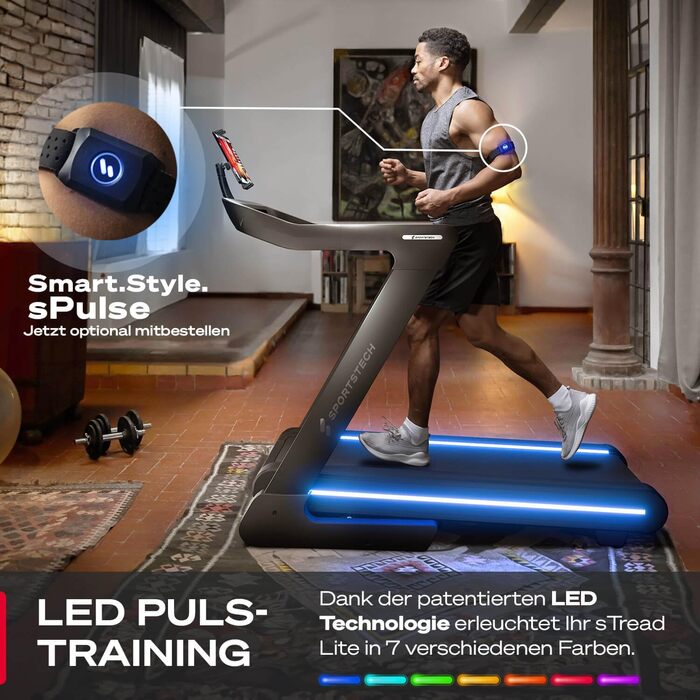 Бігова доріжка Sportstech sTread Pro/Lite – складаний, до 20 км/год, кут нахилу 15-17%, вантажопідйомність 150 кг, LED-дисплей, сумісність з додатком, тихий 7PS двигун, велика площа для бігу, німецька якісна марка sTread Lite