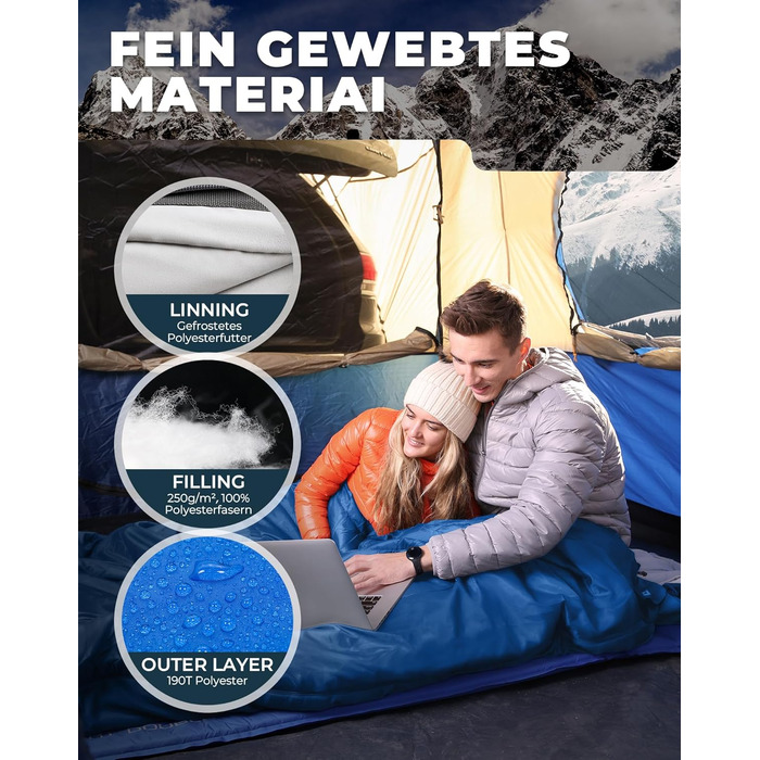 Сплячий мішок KingCamp для двох осіб, зимовий, для кемпінгу, блакитний. Зручний та теплий спальник для відпочинку на природі.