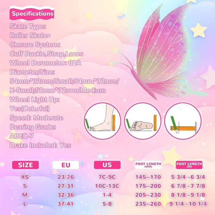 Дитячі ролики Nattork для дівчаток та хлопчиків, 4 розміри, регульовані, ролики на 4 колесах з мотивом метеликів та квітів, подарунок на день народження для занять спортом в приміщенні та на вулиці (M (EU 32-36), Рожево-червоний)
