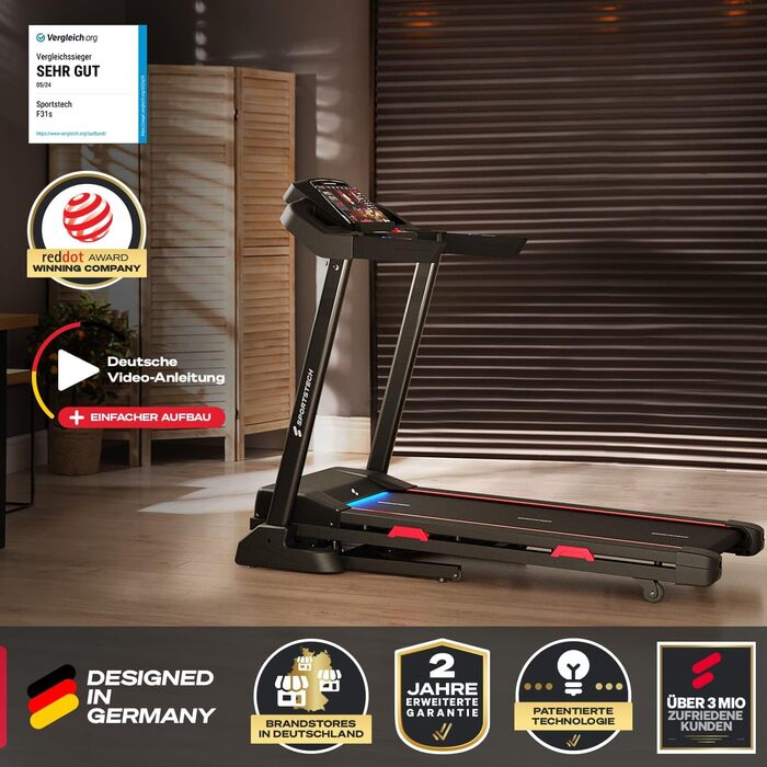 Бігова доріжка Sportstech F31s для дому, 4.5 к.с., 16 км/год, Bluetooth, LED, тримач для планшета, складана, до 120 кг