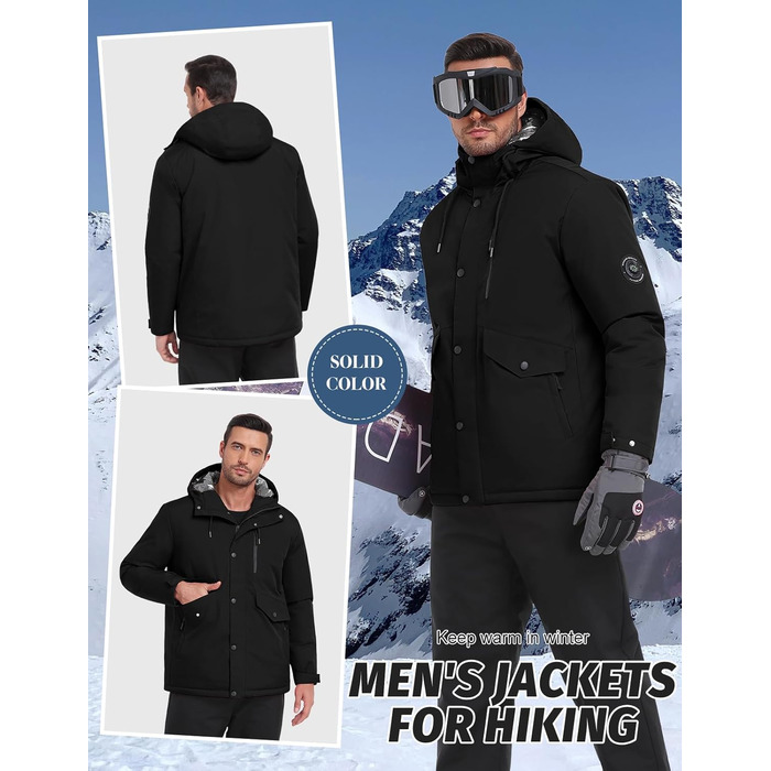 Зимова куртка для чоловіків, водонепроникна, для катання на лижах та сноуборді, тепла, з капюшоном та компасом (Синій, M), Чорний L