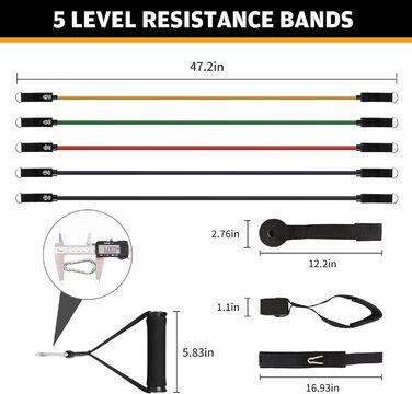 Набір еластичних стрічок для домашніх тренувань, фітнес-стрічки для жінок та чоловіків, 5 стрічок, навантаження до 68 кг, з дверним кріпленням та кісточковими ременями, для розвитку м'язів