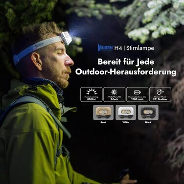 WUBEN H4 - LED налобний ліхтар, 800 люмен, IP68, 10 режимів, червоне світло, для кемпінгу, риболовлі та піших прогулянок, чорний