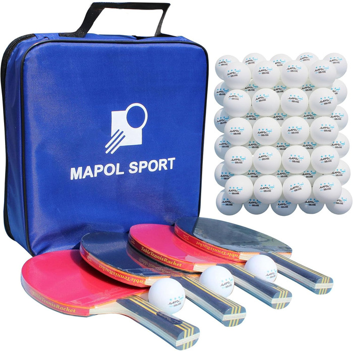 Набір для пінг-понгу MAPOL для 4 гравців: 4 ракетки, 8 + 100 м'ячів, для гри в приміщенні та на вулиці