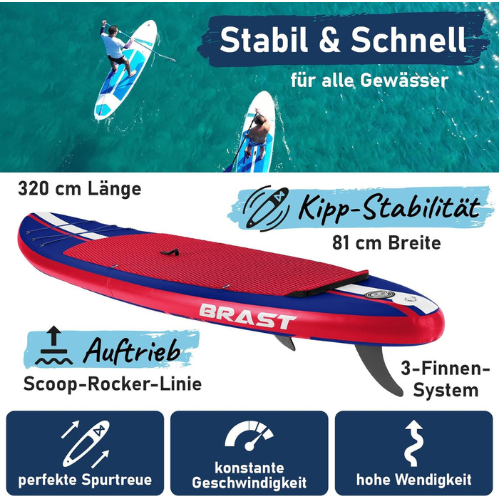 SUP Board BRAST Shark надувний, 320x81x15 см, комплект: весло, сидіння для каяка, тримач для камери, насос, рюкзак, блакитний