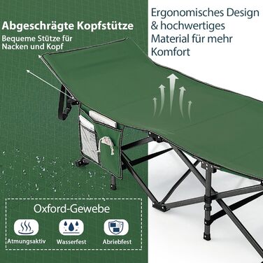 Розкладне ліжко SOARS для кемпінгу та відпочинку: стабільне металеве ліжко з кишенею та сумкою, до 272 кг, для саду та дому, зелене