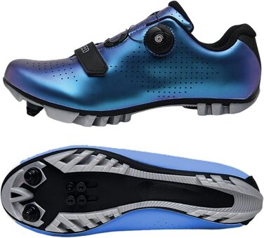 Велосипедні черевики для чоловіків та жінок, унісекс, MTB, Mountainbike, Radsportschuhe з 2 болтами та шипами, практична поворотна застібка, черевики для їзди на велосипеді, Bikeschuhe (Блакитний, 44 EU)