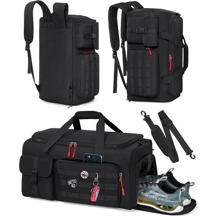Спортивна сумка RAINSMORE 3 в 1 для чоловіків, 45 л: рюкзак, сумка-переноска, з відділенням для взуття, ноутбука та мокрого одягу, чорна