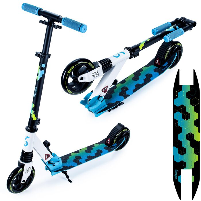 Самокат міський Bergen City Scooter Sonic – алюмінієвий, складаний, колеса PU 145мм, амортизатор, гальмо заднє, регульована висота, для дітей від 5 років, легкий, чорний/білий/синій/зелений