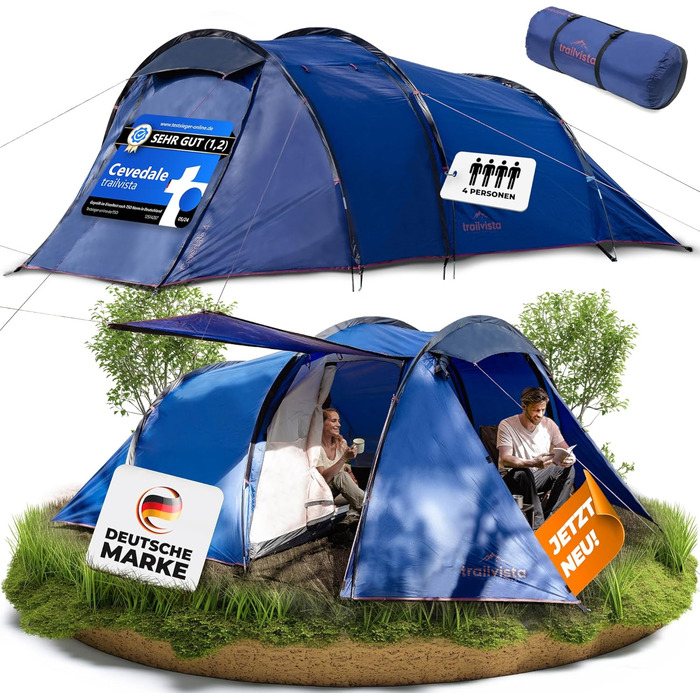 Намет Trailvista® Cevedale Zelt для 4 осіб: водонепроникний, легкий, швидко встановлюється, з тамбуром. Сімейний тунельний намет для кемпінгу, блакитний