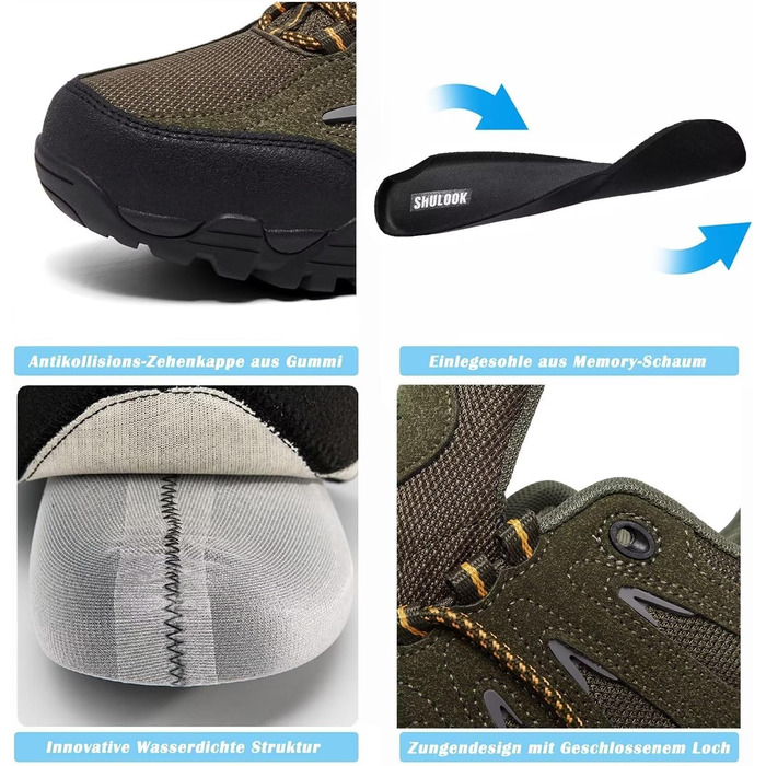 Черевики для хайкінгу SHULOOK чоловічі водонепроникні легкі трекінгові черевики з підтримкою щиколотки, антиковзаючі, спортивні кросівки для кемпінгу та хайкінгу (45 EU, темно-зелені)