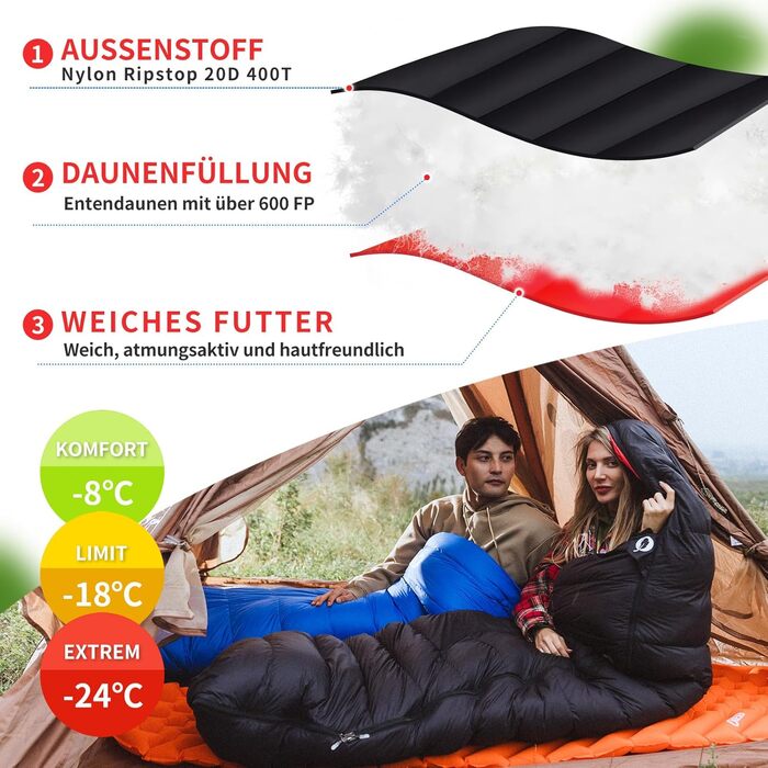 Спальний мішок пуховий, 4-сезонний, зимовий, -3°C до -20°C. Підходить для кемпінгу, походів та відпочинку на природі для дорослих та дітей. Чорний (-3°C до -12°C, Чорний -8°C до -18°C)