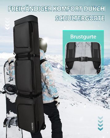 Чохол для сноуборду YOREPEK на колесах, водонепроникний, з кишенями для черевиків, розширюваний, 170 см, для 2 пар лиж/сноуборду, чорний