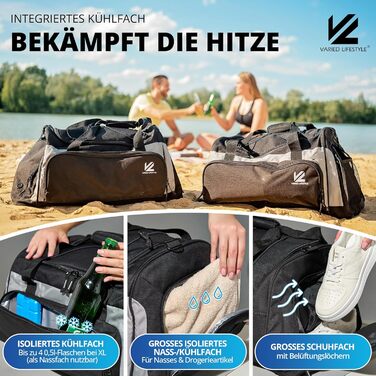 Спортивна сумка VL® з відділенням для взуття, мокрою одежі, ізольованим кульковим відділенням, сауною та туристичною сумкою для жінок та чоловіків. 50 л, чорно-сірий/чорно-срібний